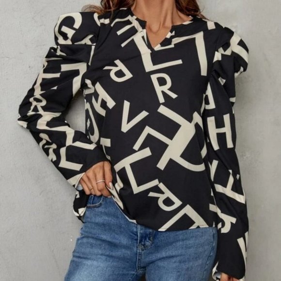 Letter Notched Neck Puff Sleeve Button down Blouse - Picture 5 of 6